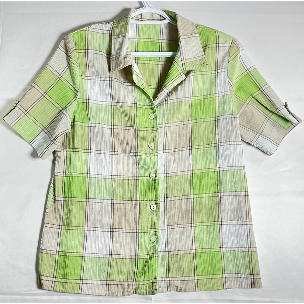 Vintage Lime Sage Plaid Crinkle Button Up Shirt